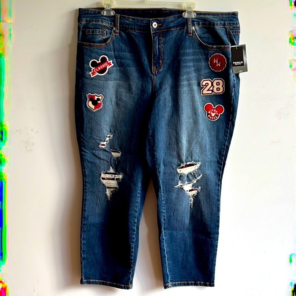 NWT TORRID Disney size 20 Boyfriend Mickey patched high rise blue jeans
